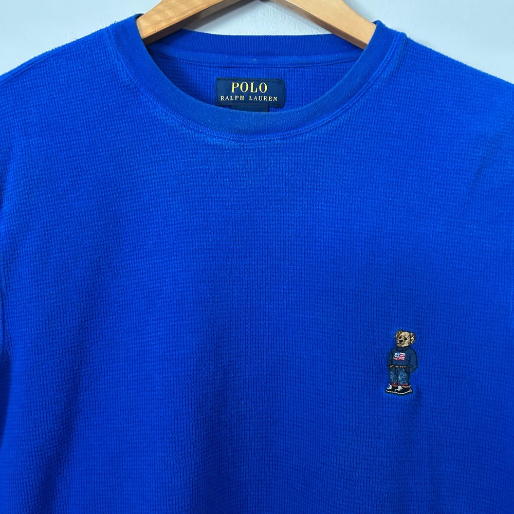 Polo Ralph Lauren Shirt Men M Blue Polo Bear Waffle‎ Knit Thermal Long Sleeve